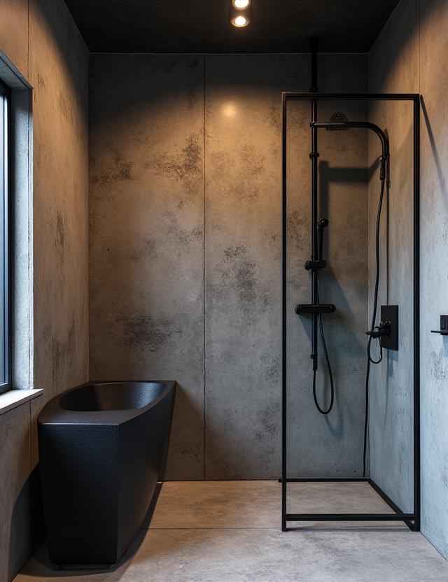 Industrial style bathroom with exposed pipes and a raw concrete wall
