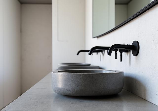 Sleek, minimalist bathroom with concrete basin and matte black fixtures