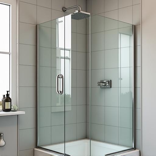 A frameless glass shower screen in a tiled bathroom