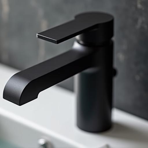 Close-up of a matte black modern bathroom tap