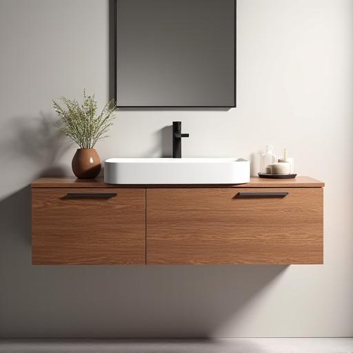 A modern floating timber vanity with a white basin
